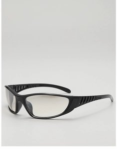Detailed side view of Y2K futuristic sporty sunglasses with black streamlined frame