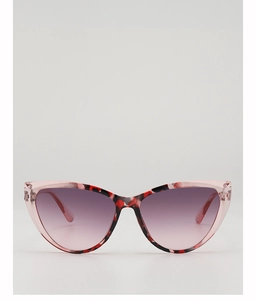 Detailed front view of cat-eye sunglasses with pink tortoiseshell frames and purple gradient lenses