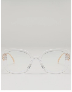Detailed close-up of large transparent frames with golden metal triangular temples