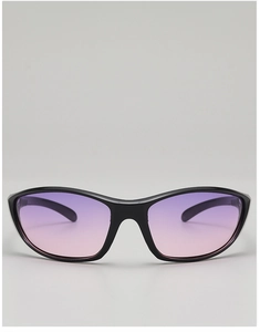 Front view of futuristic Y2K sunglasses with purple gradient lenses and black sport frame