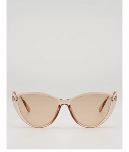 Front view of retro cat-eye sunglasses with transparent peach frame and tinted lenses