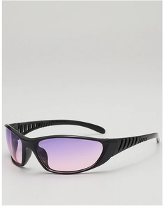 Close-up of Y2K futuristic sunglasses with gradient purple lenses and sports frame