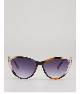 Detailed view of cat-eye sunglasses with tortoiseshell texture and pink glitter accents