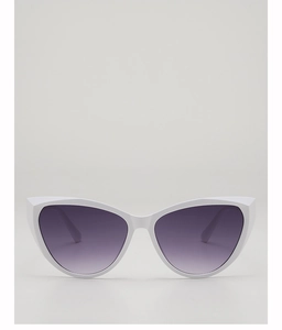 Front view of white cat-eye sunglasses with purple gradient lenses on gray background