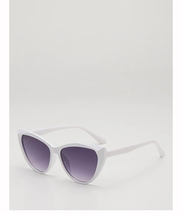 Detail view of white cat-eye sunglasses with purple gradient lenses and thick frames