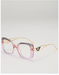 Detail of pink gradient eyeglass frame with gold metal hollow triangle heart temples