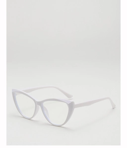 Detail view of white cat-eye sunglass frames with thick temples and transparent lenses