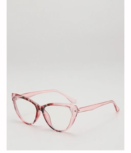 Detail of cat-eye glasses frame with pink translucent resin and tortoiseshell texture
