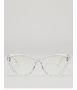 Detailed front view of transparent cat-eye sunglasses frame with a sleek modern design