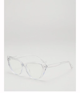 Detail view of transparent cat eye sunglasses frame with fine polished temple craftsmanship
