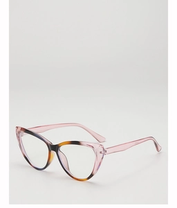 Detailed close-up of pink and tortoiseshell cat-eye glasses frame with clear lenses