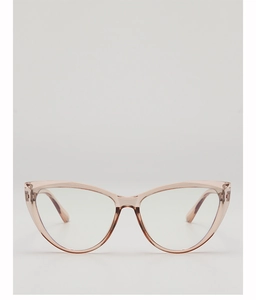 Detailed front view of cat-eye frames in translucent champagne pink with metallic hinges