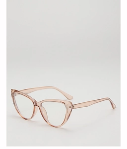 Detail of trendy peach cat-eye sunglasses with transparent resin frames and metal hinges