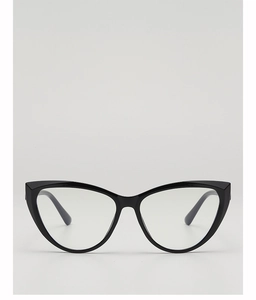 Detailed view of black cat-eye sunglasses frames with glossy finish and clear lenses