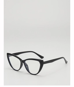 Close-up of black glossy cat-eye sunglasses frames showing the 45-degree angled design