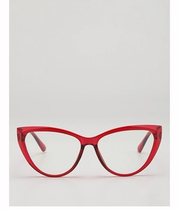 Macro shot of transparent red cat-eye frames with glossy finish and clear lenses