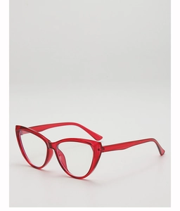 Detailed view of cat-eye sunglasses with translucent red frame and high-gloss resin finish