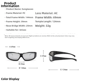 Detailed size chart for Y2K futuristic sunglasses with lens and frame specifications