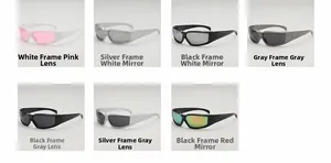 Macro view of seven color variations for futuristic Y2K wrap-around sports sunglasses