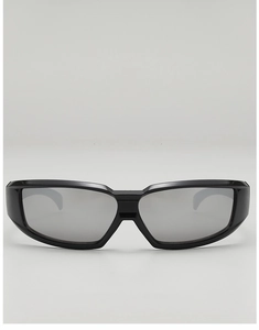 Front view of Y2K futuristic wrap sunglasses with black frame and silver mirrored lenses