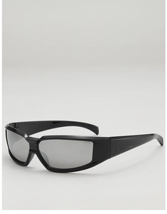 Side view of black futuristic wrap-around sports sunglasses with silver reflective lenses