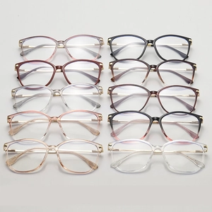 Detailed display of colorful cat-eye eyewear frames with metal legs in multiple color options