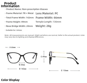 Detailed size chart for black frame glasses showing dimensions like 142mm width