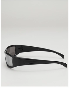 Detail view of black wrap-around sunglasses with reflective silver lenses and frame text