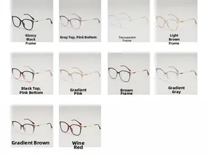 Detailed grid view showcasing various stylish cat-eye glasses with metal temples and gradient colors