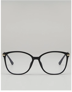 Detail of classic black optical frame with elegant gold metal accents on the temple hinges