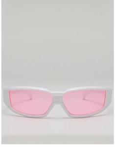 Front view of Y2K futuristic white wraparound sunglasses with pink translucent lenses