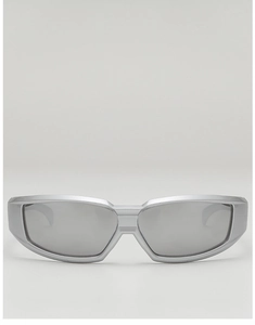 Futuristic silver shield sunglasses with mirror lenses in a sleek cyber sporty design