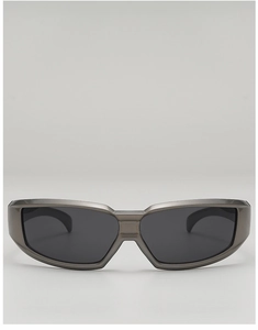 Front view of futuristic wrap-around sports sunglasses with dark grey metallic frame