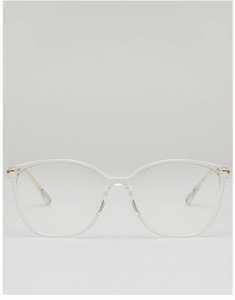 Macro detail of transparent full-rim eyeglasses featuring elegant gold metal temples