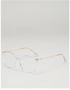 Detail of transparent round frame glasses with gold metal temples and textured finish