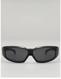 Front view of futuristic Y2K wraparound sports sunglasses in glossy deep black finish