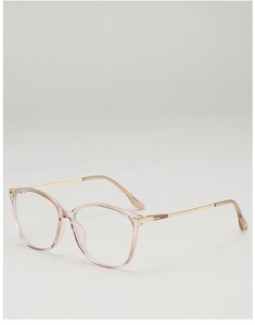 Close-up of retro pink champagne frames with gold metal temples and anti-slip tips