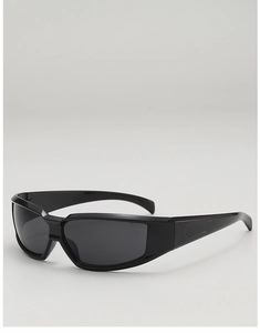 Side view of Y2K futuristic wrap-around sporty sunglasses in polished black finish