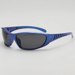 Futuristic Y2K royal blue wraparound sports sunglasses with metallic finish and grey lenses