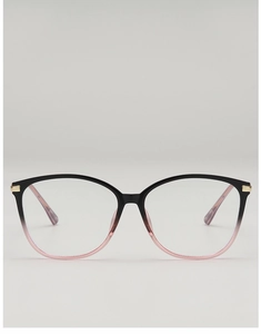 Close-up of black and pink gradient oversized eyeglass frame with gold metal hinges