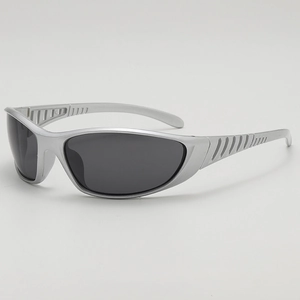 Silver futuristic Y2K sports sunglasses with aerodynamic frame and dark lenses