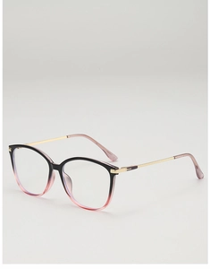 Detail of cat-eye frames with black-pink gradient and slim golden metal temples