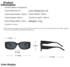 Detailed sizing chart for unisex rectangle sunglasses with PC frame and AC lens dimensions