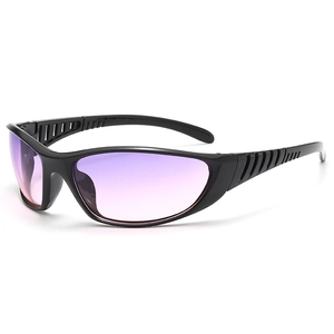 Y2K futuristic sports sunglasses with black frame and purple gradient lenses