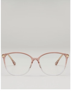 Macro detail of cat-eye glasses frame with pink gradient and golden metal hinges