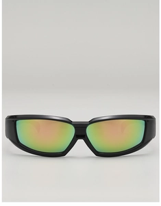 Macro shot of futuristic black wraparound frame and vibrant rainbow mirrored lens
