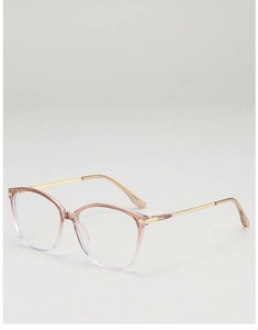 Macro detail of cat-eye frames with pink-to-clear gradient and gold metal temples