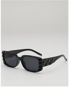 Detail of square black sunglasses with geometric textured frames and dark grey lenses