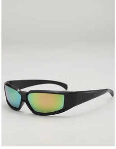 Close-up of futuristic Y2K sunglasses with black streamlined frame and colorful gradient lens
