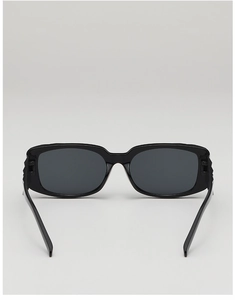 Detail view of the black rectangular sunglasses frame back and sleek temples